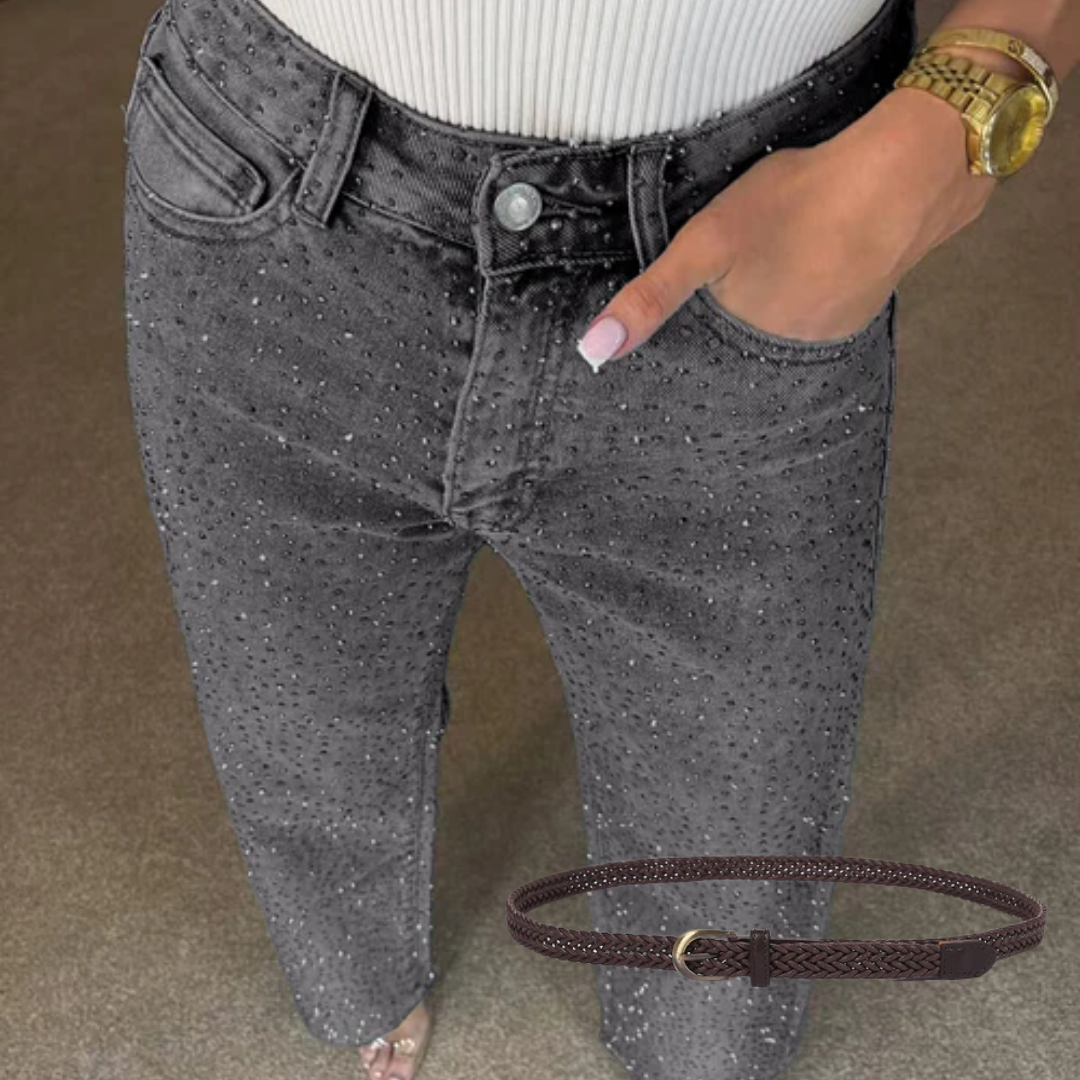 Icone™ SparklingJeans: Rhinsten-utsmykkede Jeans med Høy Midje, Rette Ben og Belte