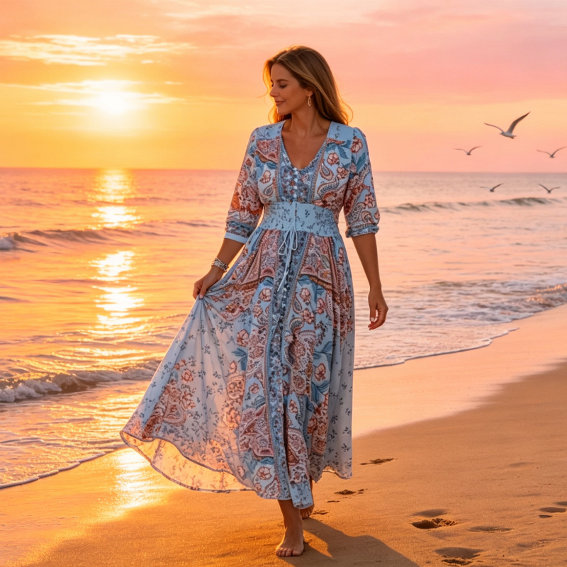 Icone™ LongDress: Elegant Komfortabel Blomstret V-hals Lang Kjole