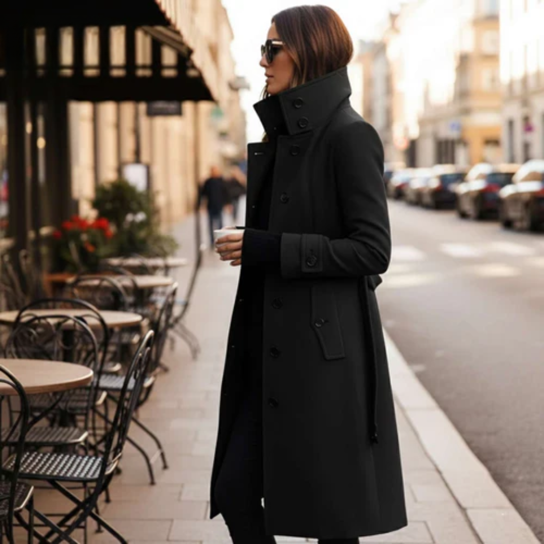Icone™ StylishCoat: Alsidig Mid-Længde Højhalset Knappet Stilfuld Frakke