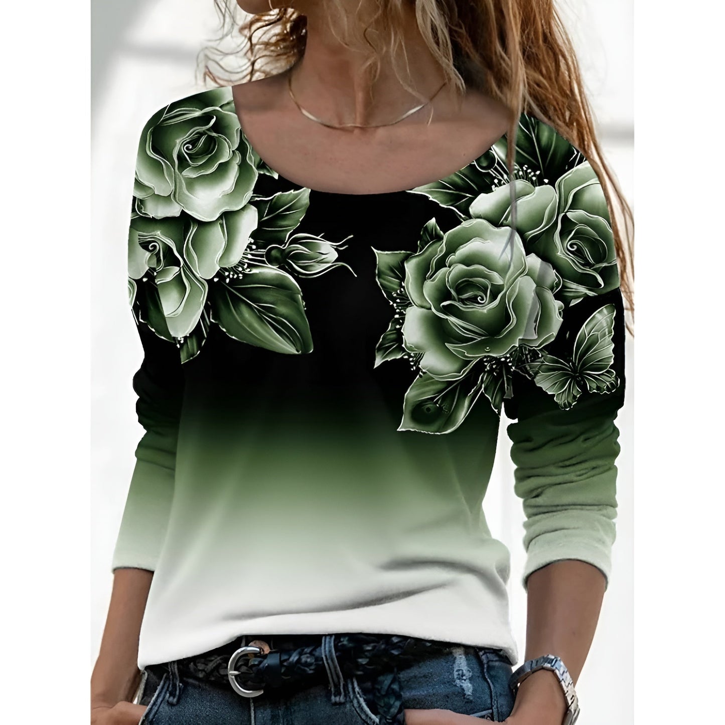 Icone™ FloralLongsleeves: Dame Avslappet Komforttopp Rund Hals Blomstret Langermet
