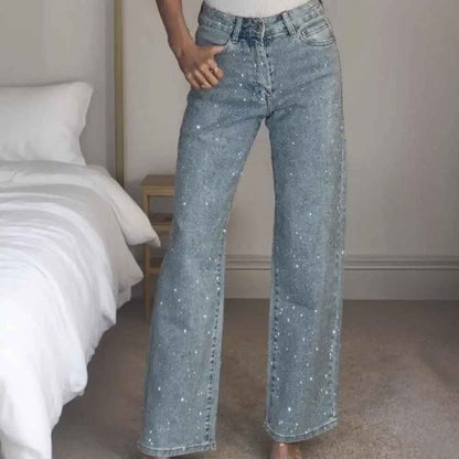 Icone™ SparklingJeans: Rhinsten-Udsmykkede Højtaljede Lige-Ben Mousserende Jeans Med Bælte