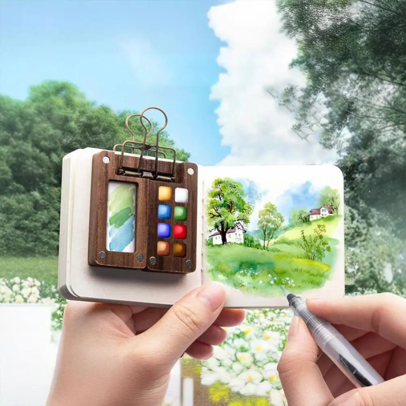 PaintPalette: Mini Træ Bærbar Kunstner Malepalette Kasse