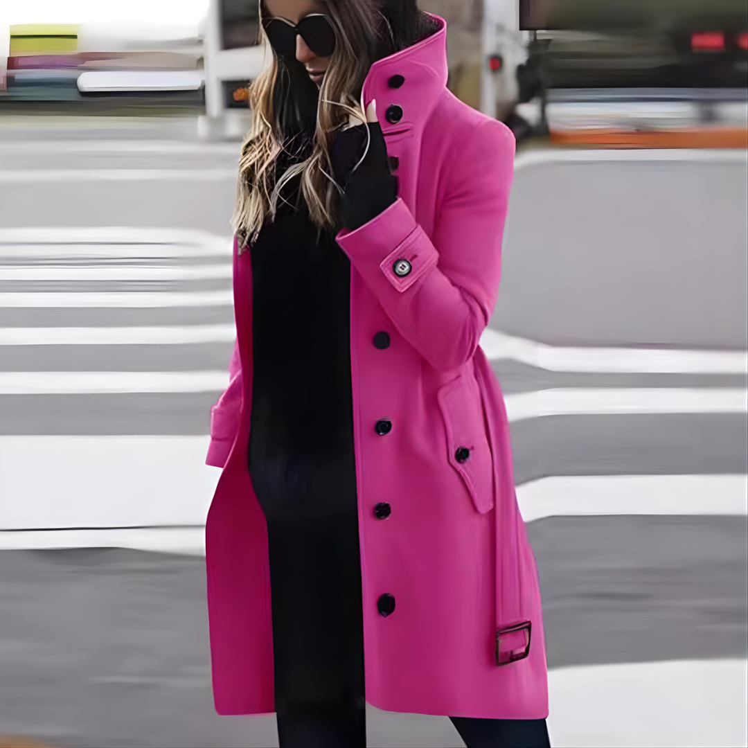 Icone™ StylishCoat: Alsidig Mid-Længde Højhalset Knappet Stilfuld Frakke