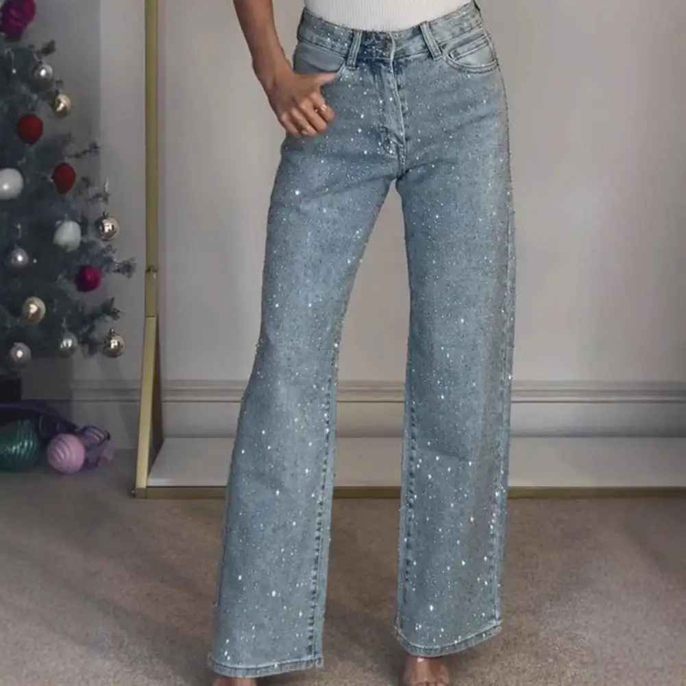 Icone™ SparklingJeans: Rhinsten-utsmykkede Jeans med Høy Midje, Rette Ben og Belte