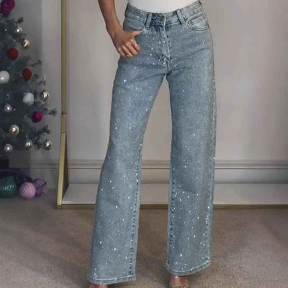 Icone™ SparklingJeans: Rhinsten-utsmykkede Jeans med Høy Midje, Rette Ben og Belte