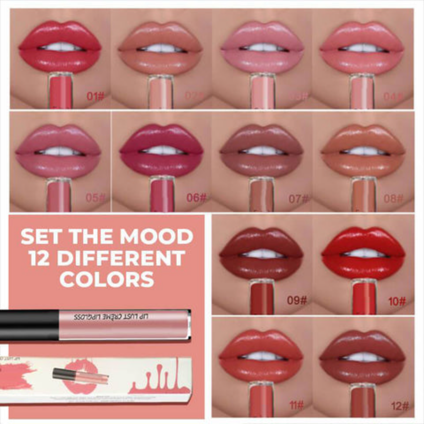 GlamGloss 6+6 GRATIS: Langtidsholdbar Cremeagtig Fugtgivende Glam Gloss Flydende Læbestift