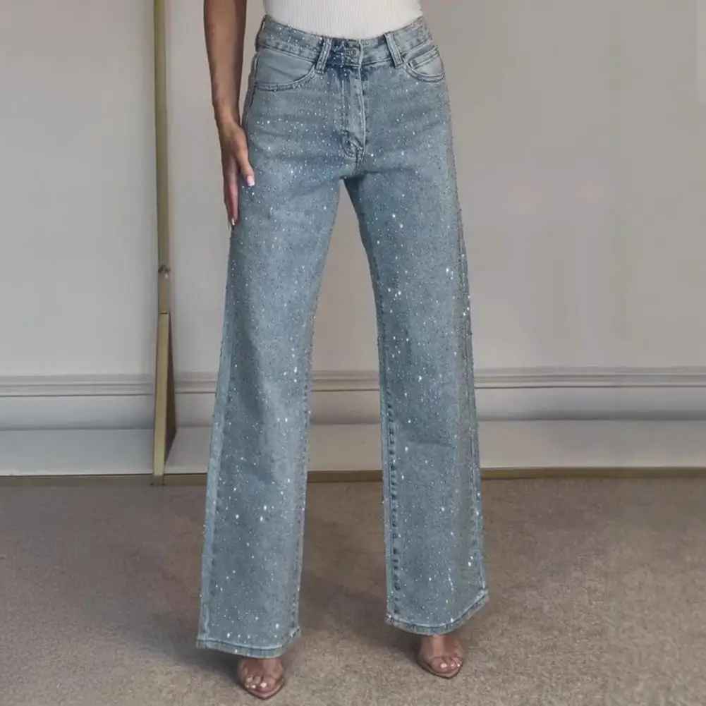 Icone™ SparklingJeans: Rhinsten-utsmykkede Jeans med Høy Midje, Rette Ben og Belte