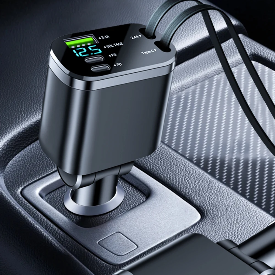 CarCharger: 5-i-1 Ladeport Uttrekkbar Kabel Rask Billader