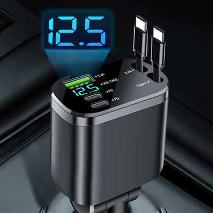 CarCharger: 5-i-1 Ladeport Uttrekkbar Kabel Rask Billader