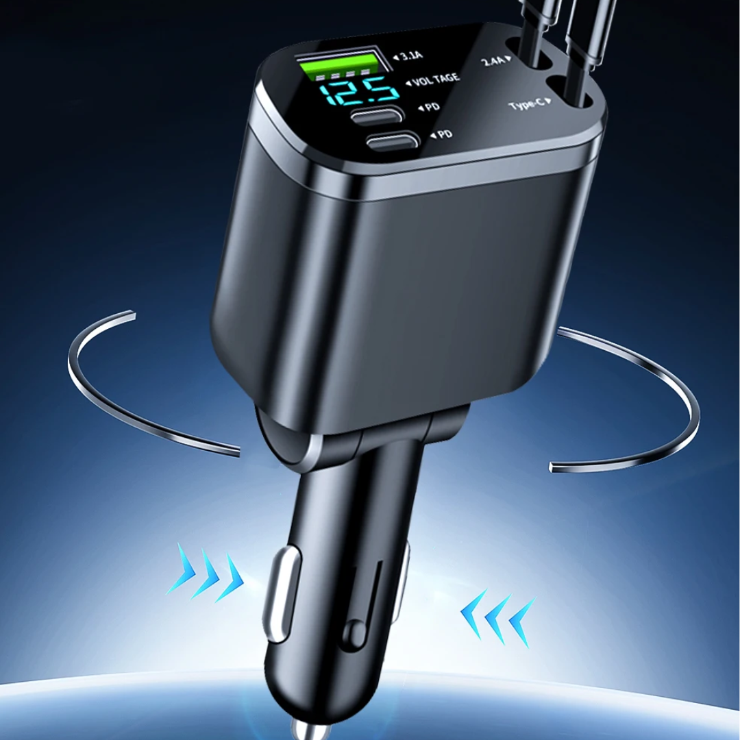 CarCharger: 5-i-1 Ladeport Uttrekkbar Kabel Rask Billader