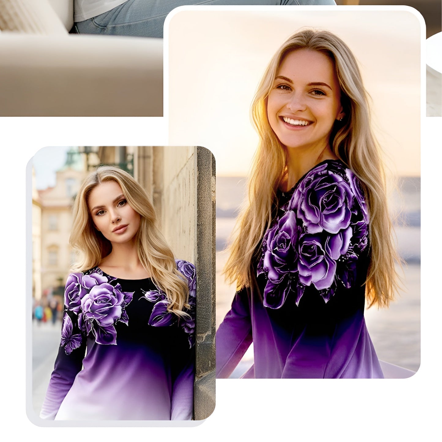 Icone™ FloralLongsleeves: Dame Avslappet Komforttopp Rund Hals Blomstret Langermet