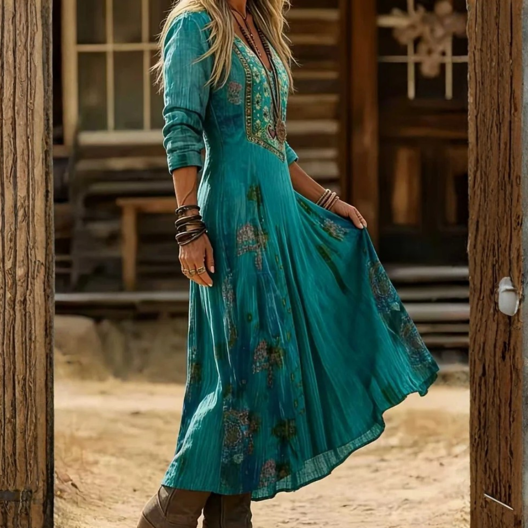 Icone™ VintageDress: Stilfullt Blomstret Trykk Uformell V-Hals Langermet Vintagekjole