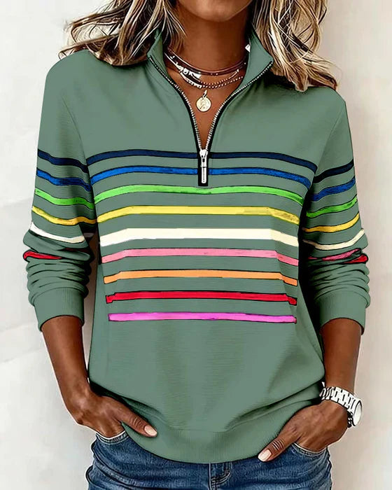 Icone™ ComfySweatshirt: Regnbuestripet Uformell Halv-Glidelås Komfortabel Sweatshirt