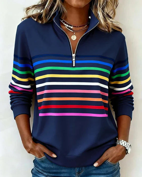 Icone™ ComfySweatshirt: Regnbuestripet Uformell Halv-Glidelås Komfortabel Sweatshirt