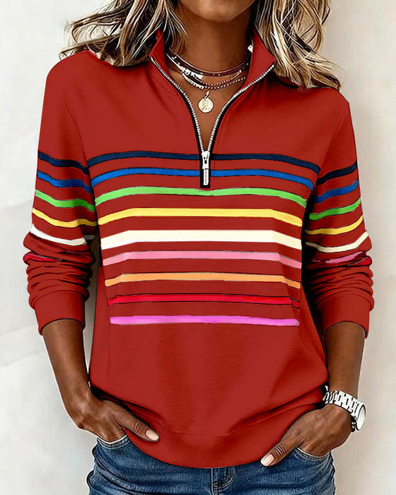 Icone™ ComfySweatshirt: Regnbuestripet Uformell Halv-Glidelås Komfortabel Sweatshirt