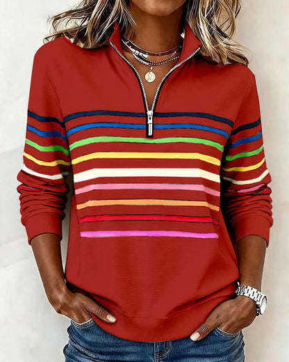 Icone™ ComfySweatshirt: Regnbuestripet Uformell Halv-Glidelås Komfortabel Sweatshirt