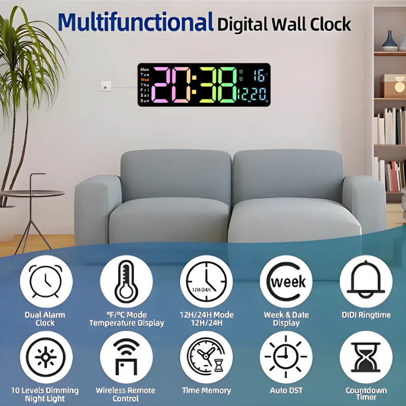 Globetrek° DigitalClock: Stor LED-skjerm Display Digital Klokke
