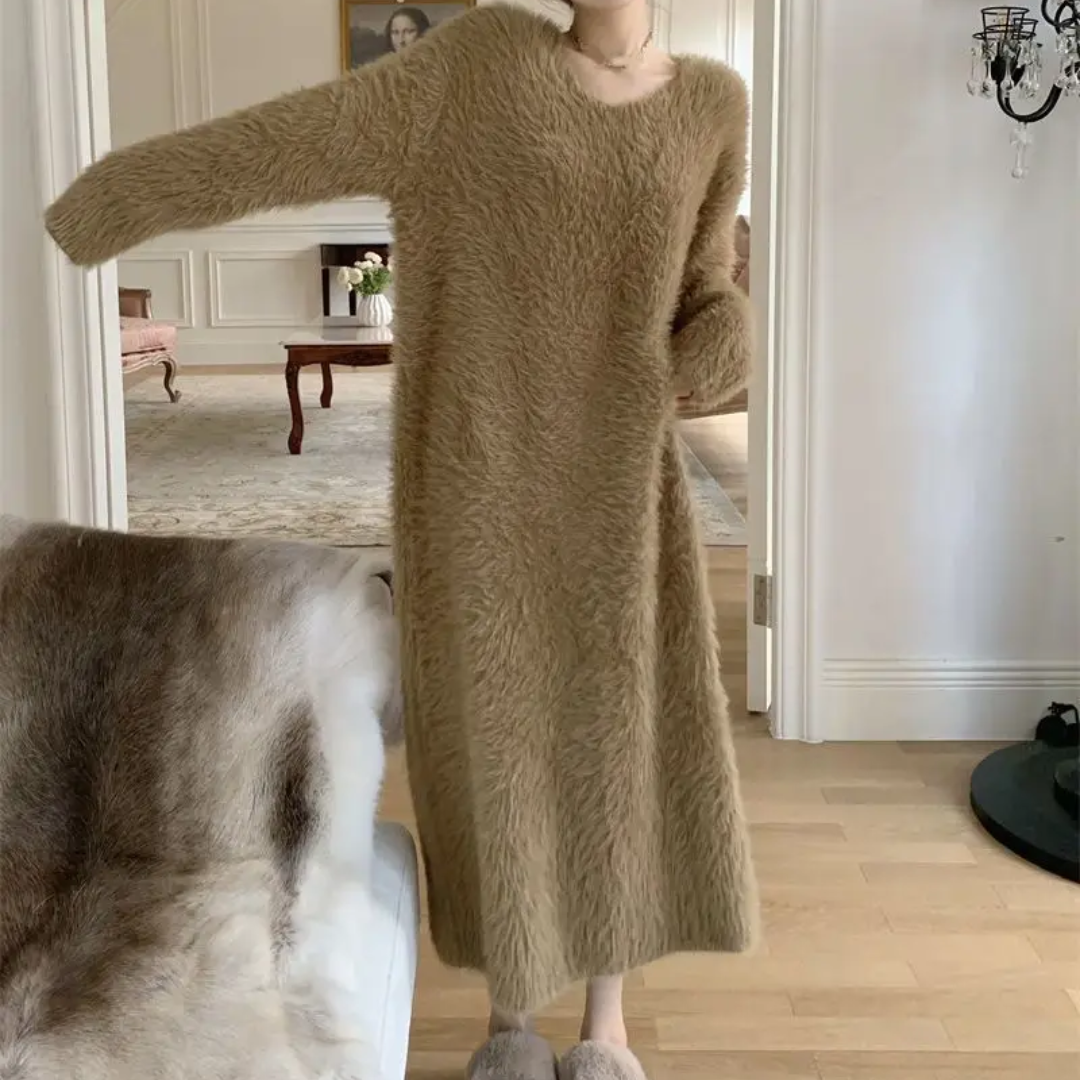 Icone™ CozyDress: Kvinners Elegante Myke Fuskepels V-hals Maxi Koselig Kjole