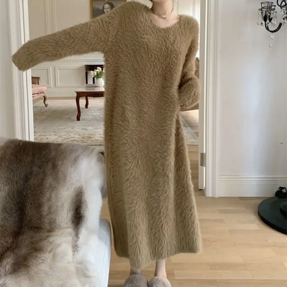 Icone™ CozyDress: Kvinners Elegante Myke Fuskepels V-hals Maxi Koselig Kjole