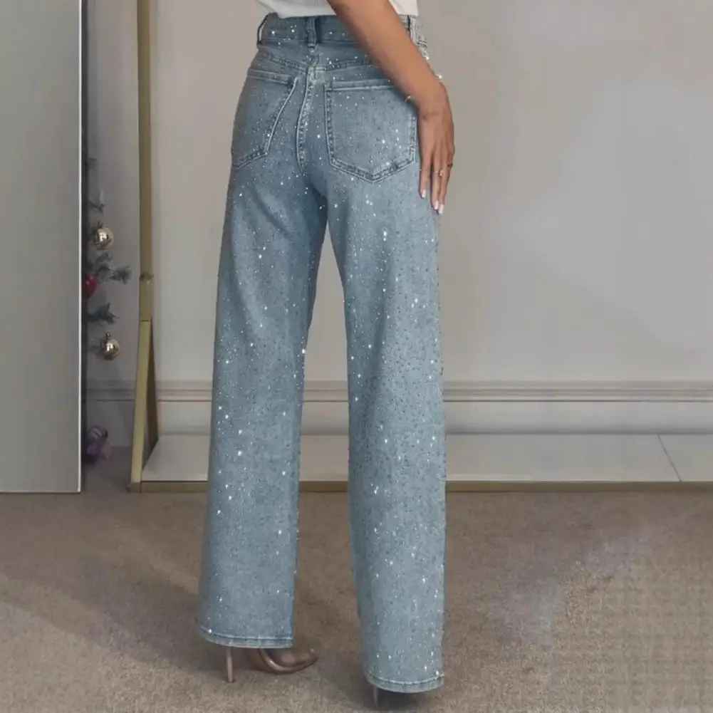 Icone™ SparklingJeans: Rhinsten-Udsmykkede Højtaljede Lige-Ben Mousserende Jeans Med Bælte