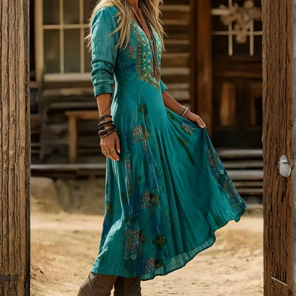 Icone™ VintageDress: Stilfuld Blomstret Print Tilfældig V-Hals Langærmet Vintage Kjole