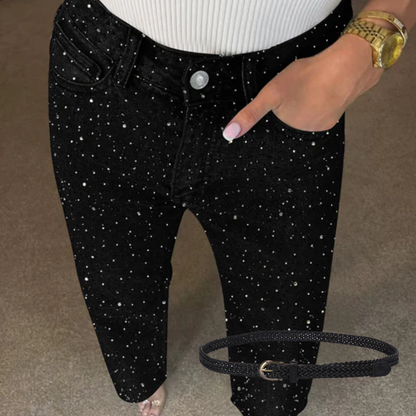 Icone™ SparklingJeans: Rhinsten-utsmykkede Jeans med Høy Midje, Rette Ben og Belte
