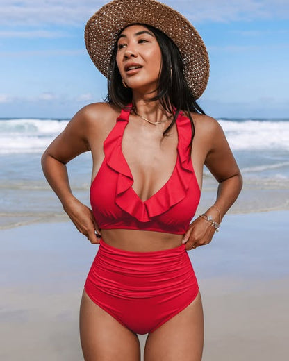 Icone™ RuffledBikini: Højtaljet Sexet Slim Fit Sommer Halterneck Ruffled Bikini