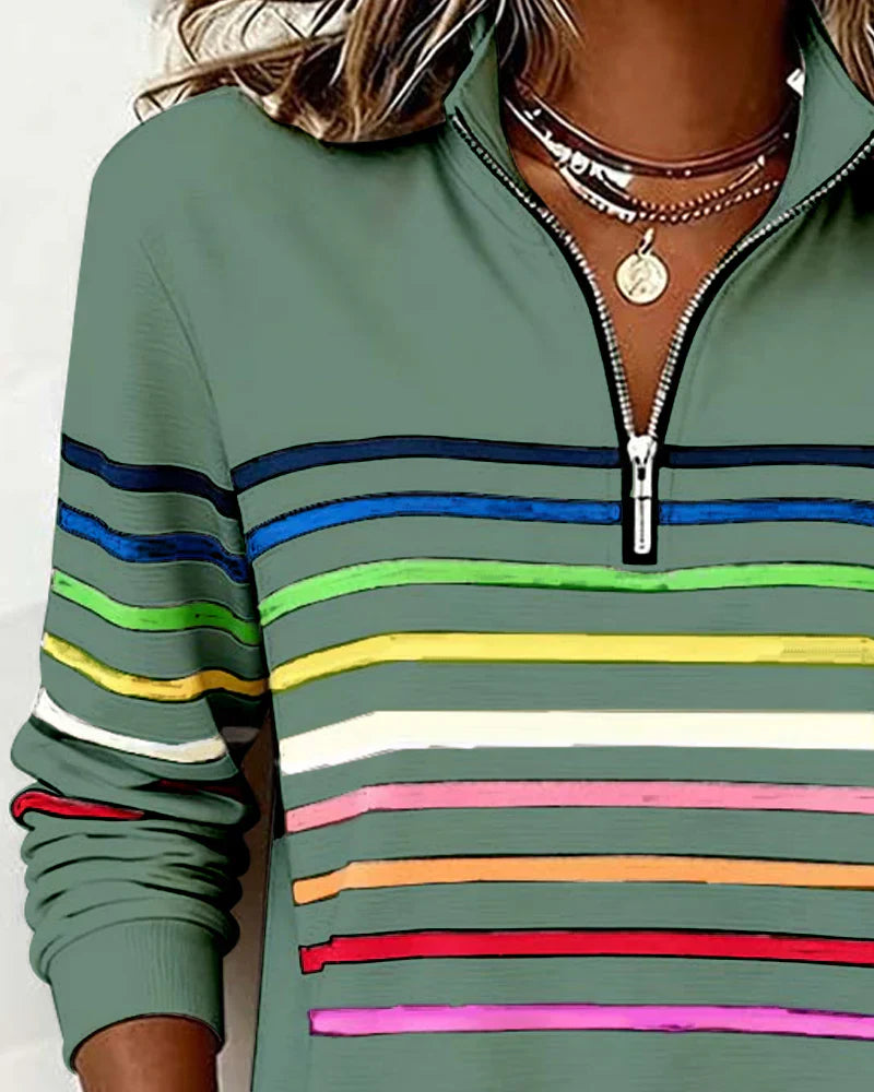Icone™ ComfySweatshirt: Regnbuestripet Uformell Halv-Glidelås Komfortabel Sweatshirt