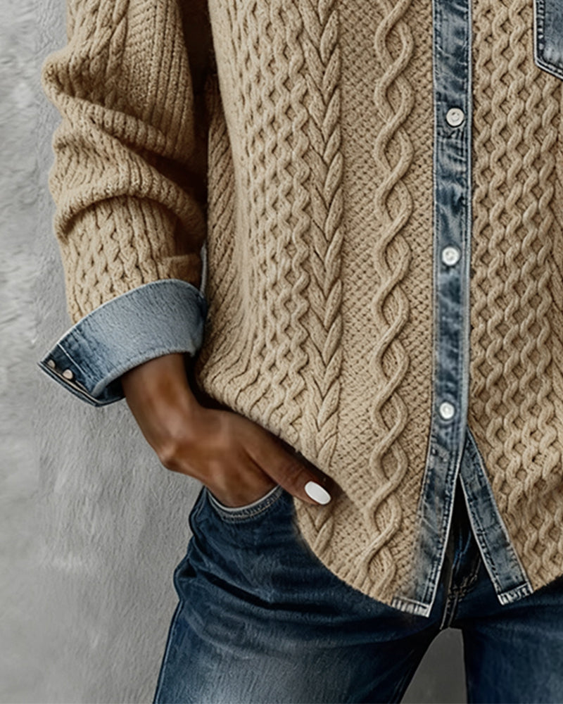 Icone™ DenimKnitwear: Dame med krage patchwork knappe-ned denimstrikk