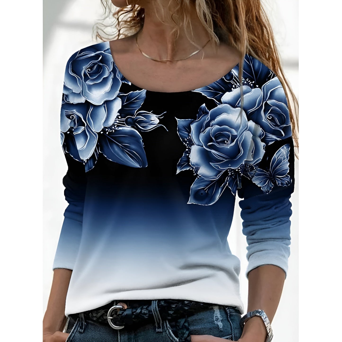 Icone™ FloralLongsleeves: Dame Avslappet Komforttopp Rund Hals Blomstret Langermet