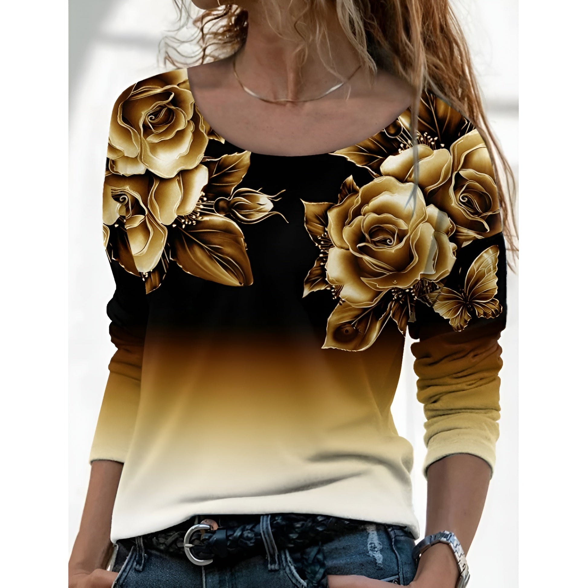 Icone™ FloralLongsleeves: Dame Avslappet Komforttopp Rund Hals Blomstret Langermet