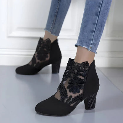 Happy™ EmbroideredHeels: Stilfulde Blokhæle Lukket Tå Mesh Broderede Hæle