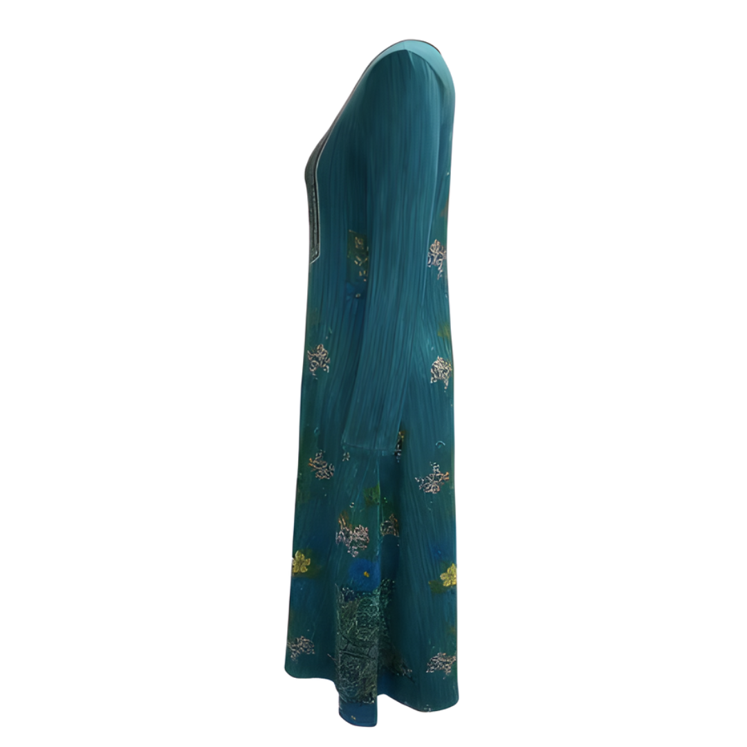 Icone™ VintageDress: Stilfullt Blomstret Trykk Uformell V-Hals Langermet Vintagekjole