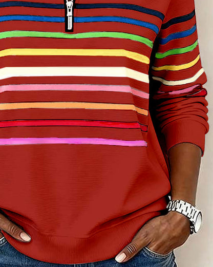 Icone™ ComfySweatshirt: Regnbuestripet Uformell Halv-Glidelås Komfortabel Sweatshirt