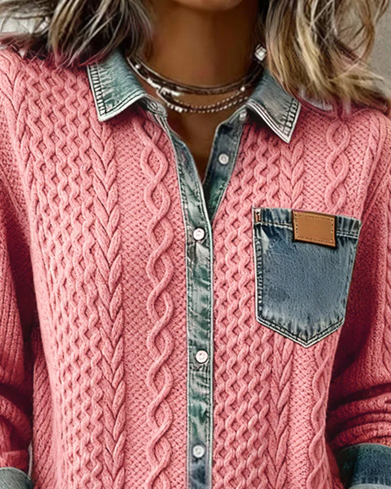 Icone™ DenimKnitwear: Dame med krage patchwork knappe-ned denimstrikk
