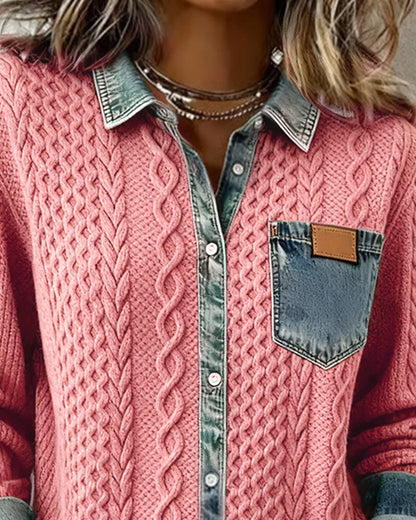 Icone™ DenimKnitwear: Dame med krage patchwork knappe-ned denimstrikk