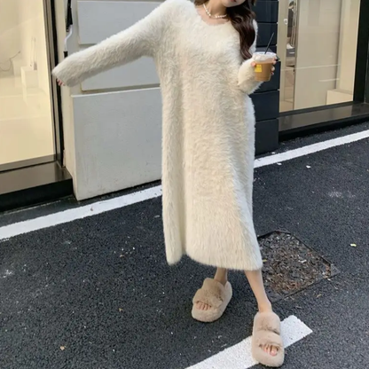 Icone™ CozyDress: Kvinners Elegante Myke Fuskepels V-hals Maxi Koselig Kjole