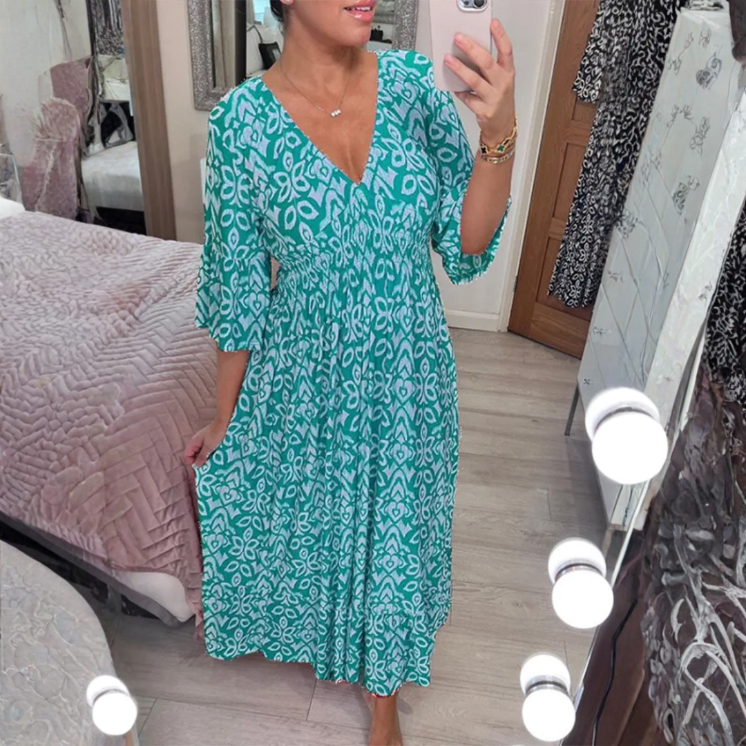 Icone™ SummerDress - Elegant Flowy Printet V-Hals Maxi Sommerkjole