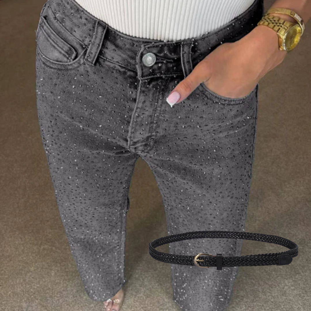 Icone™ SparklingJeans: Rhinsten-utsmykkede Jeans med Høy Midje, Rette Ben og Belte