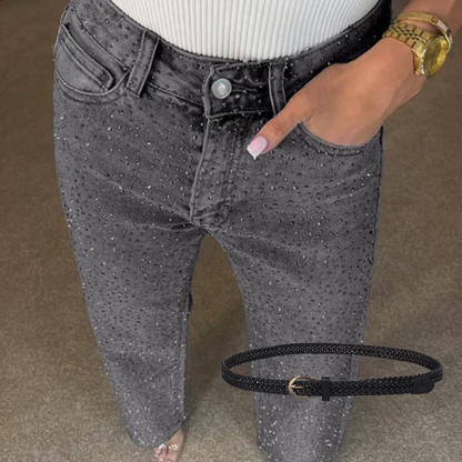 Icone™ SparklingJeans: Rhinsten-Udsmykkede Højtaljede Lige-Ben Mousserende Jeans Med Bælte