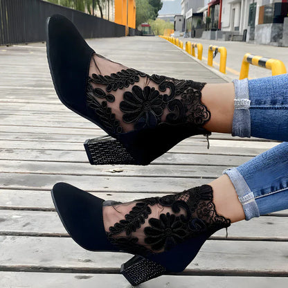 Happy™ EmbroideredHeels: Stilfulde Blokhæle Lukket Tå Mesh Broderede Hæle
