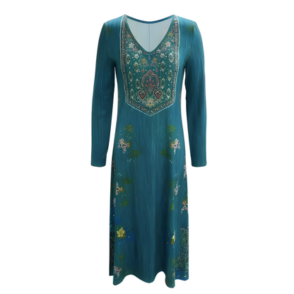 Icone™ VintageDress: Stilfuld Blomstret Print Tilfældig V-Hals Langærmet Vintage Kjole