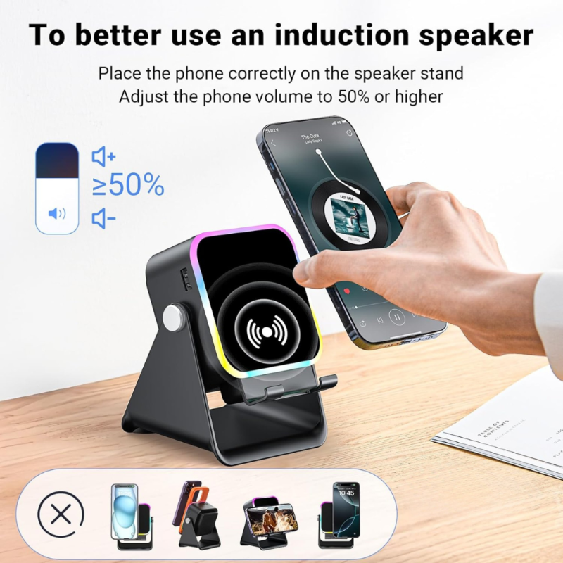 SoundCharge - Smart Bærbar Induktions Lyd Telefon Stand Oplader Og Højttaler