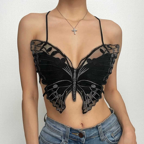 Icone™ ButterflyTop: Stilfuld Broderet Halter Rygløs Sommerfugle Top