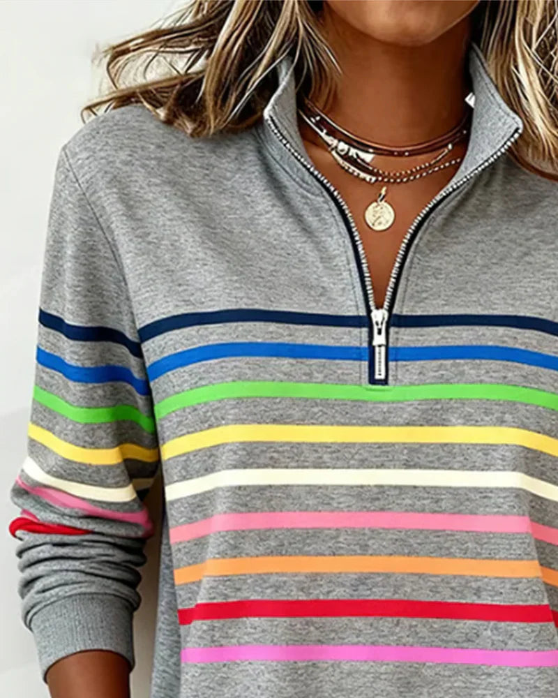 Icone™ ComfySweatshirt: Regnbuestripet Uformell Halv-Glidelås Komfortabel Sweatshirt