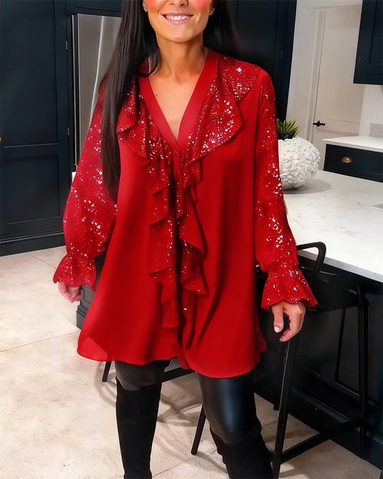 Icone™ SequinBlouse: Dame Rysjet V-hals Løs Passform Lang Paljettbluse