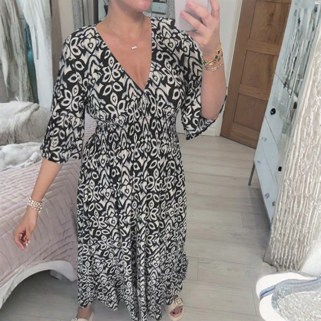 Icone™ SummerDress - Elegant Flowy Printet V-Hals Maxi Sommerkjole