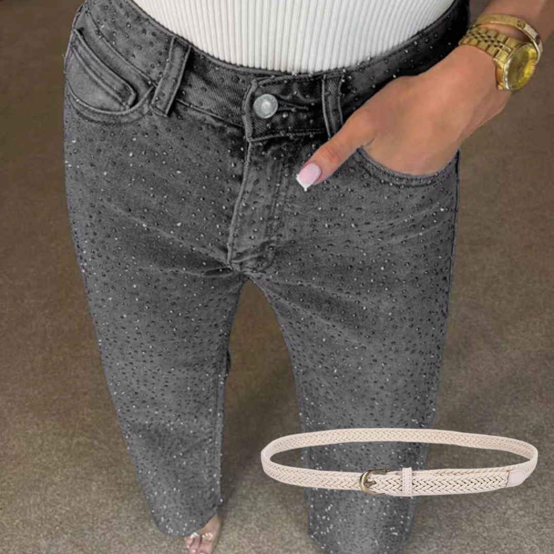Icone™ SparklingJeans: Rhinsten-Udsmykkede Højtaljede Lige-Ben Mousserende Jeans Med Bælte