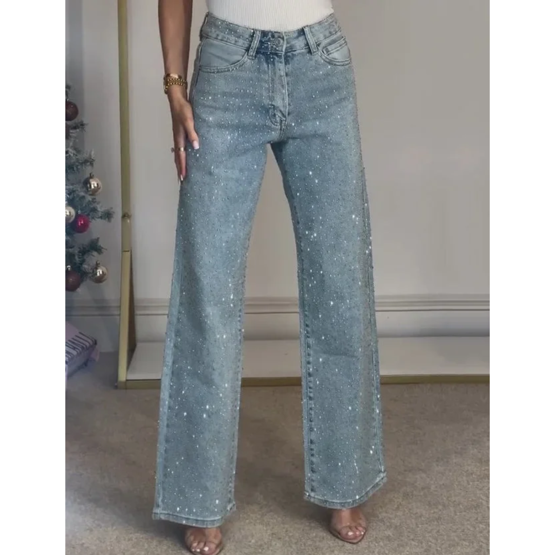 Icone™ SparklingJeans: Rhinsten-utsmykkede Jeans med Høy Midje, Rette Ben og Belte