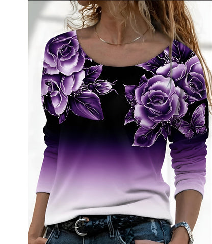Icone™ FloralLongsleeves: Dame Avslappet Komforttopp Rund Hals Blomstret Langermet